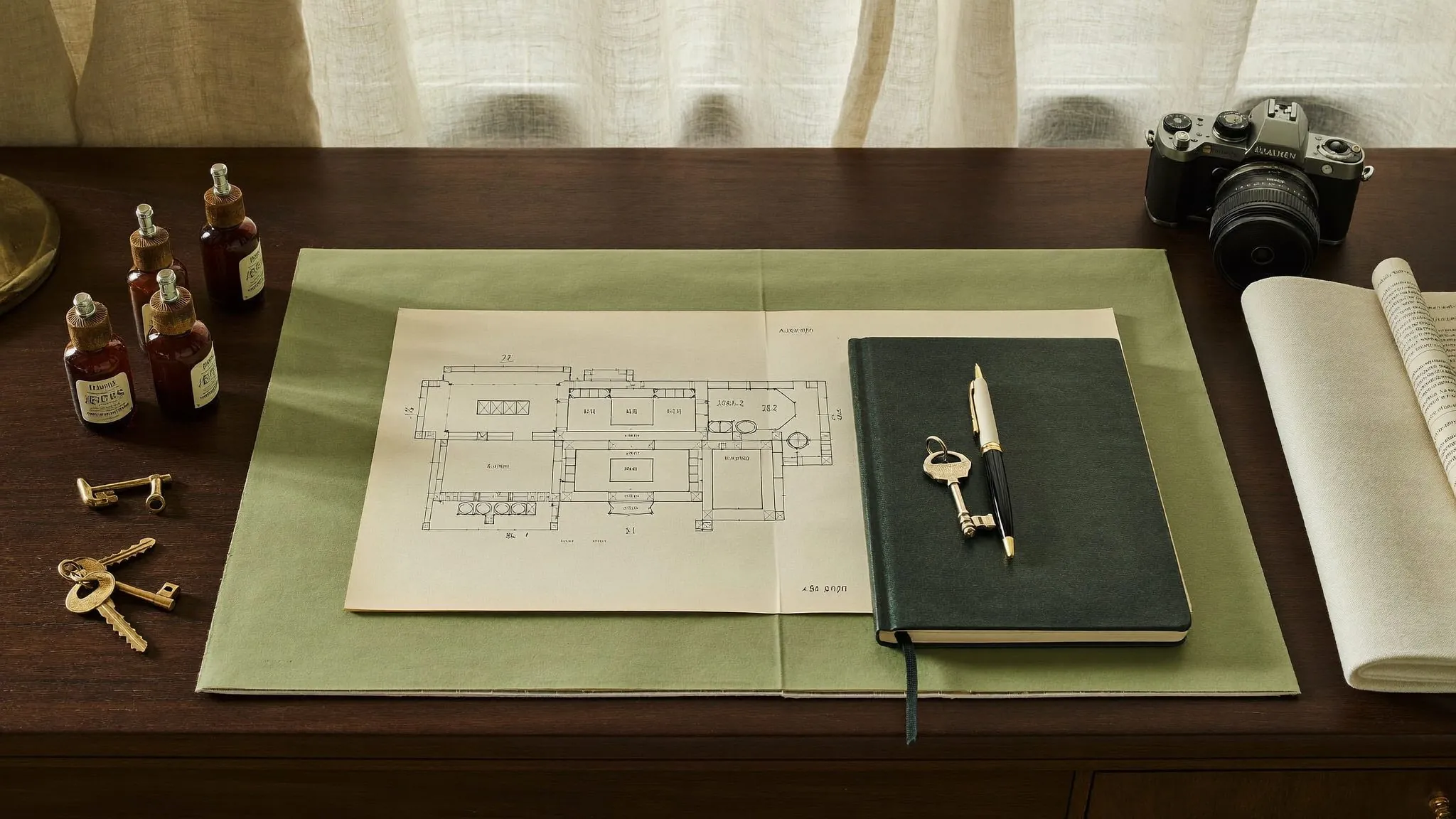 Bureau avec un plan du logement, carnet de toile verte, clés de laiton, flacons d'accueil et appareil photo