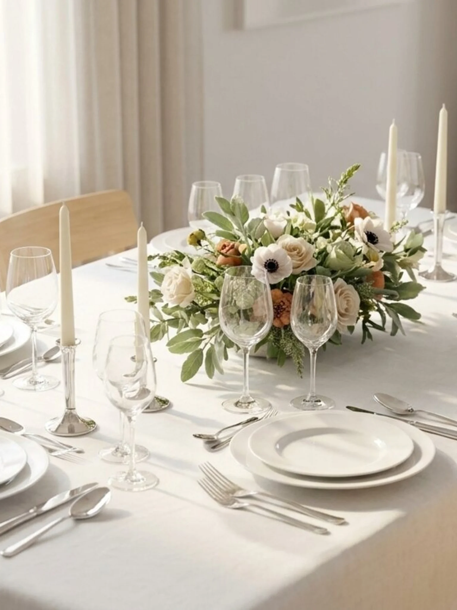 Table dressée de lin blanc, bouquet d'anémones et de roses, bougies effilées, lumière de fenêtre