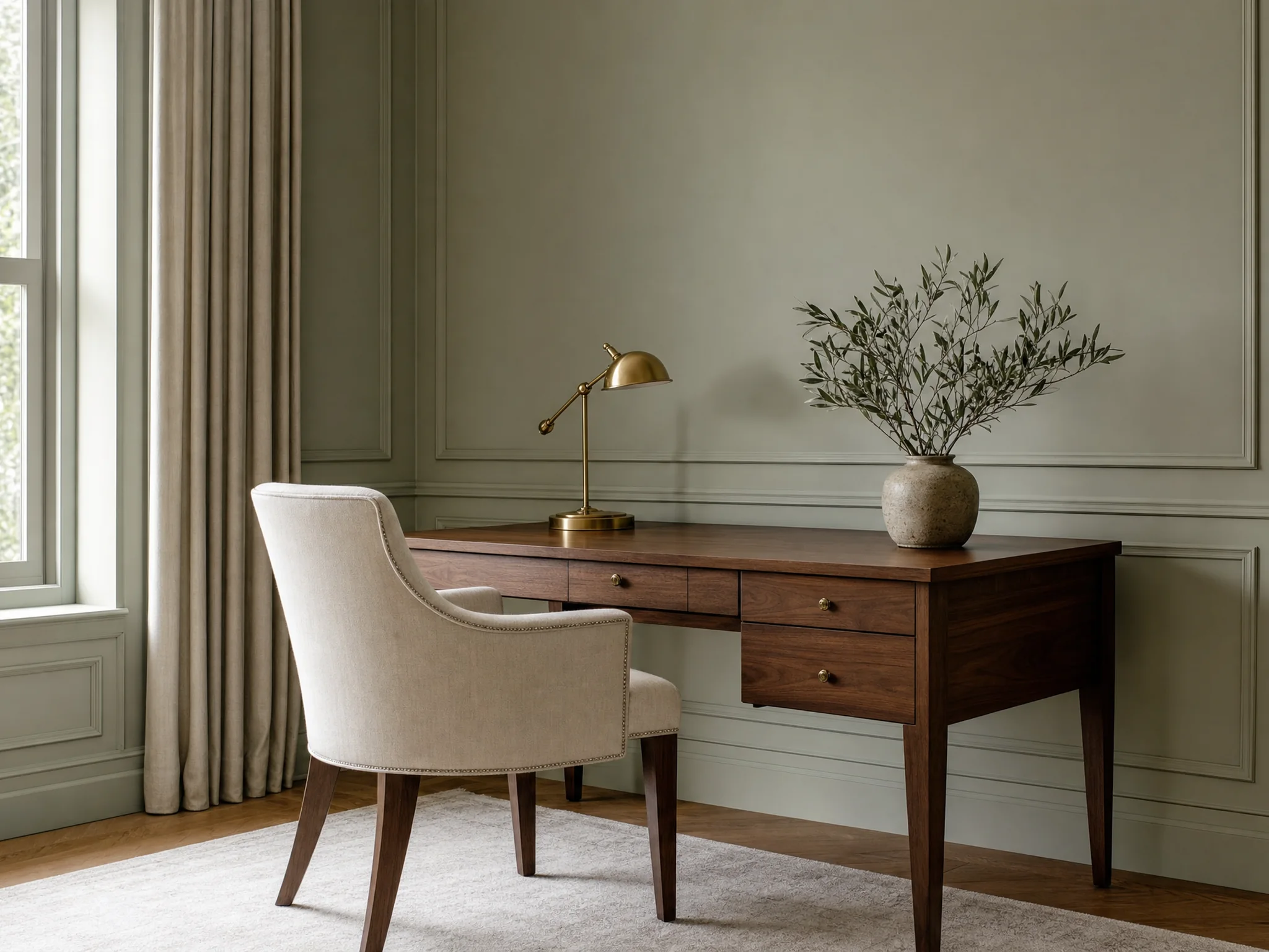 Bureau de la maison, table de chêne, dossiers de toile et branche d'olivier dans un vase