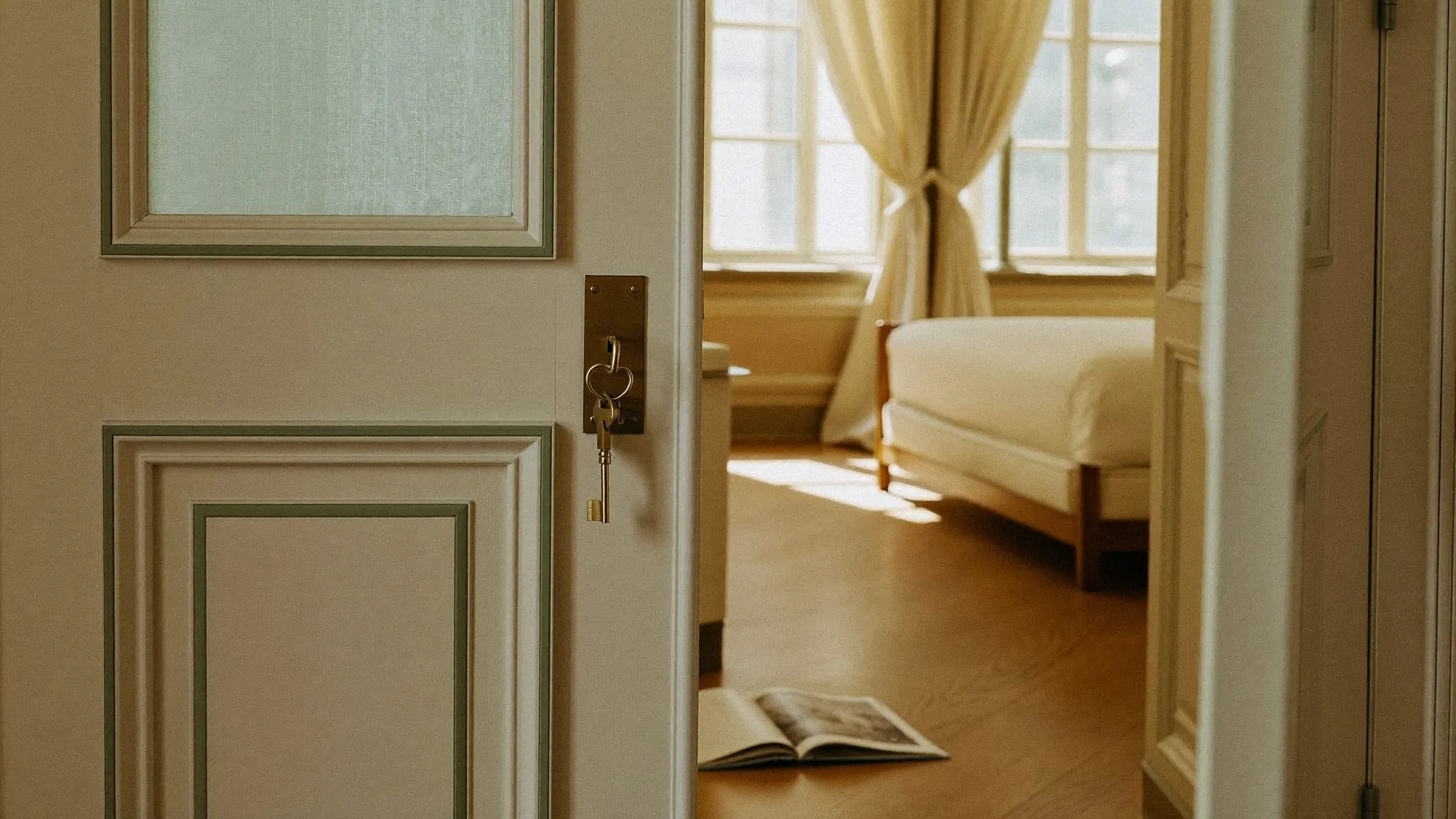 Porte à panneaux entrouverte, clé de laiton restée dans l'entrée de serrure, lumière du jour sur le parquet