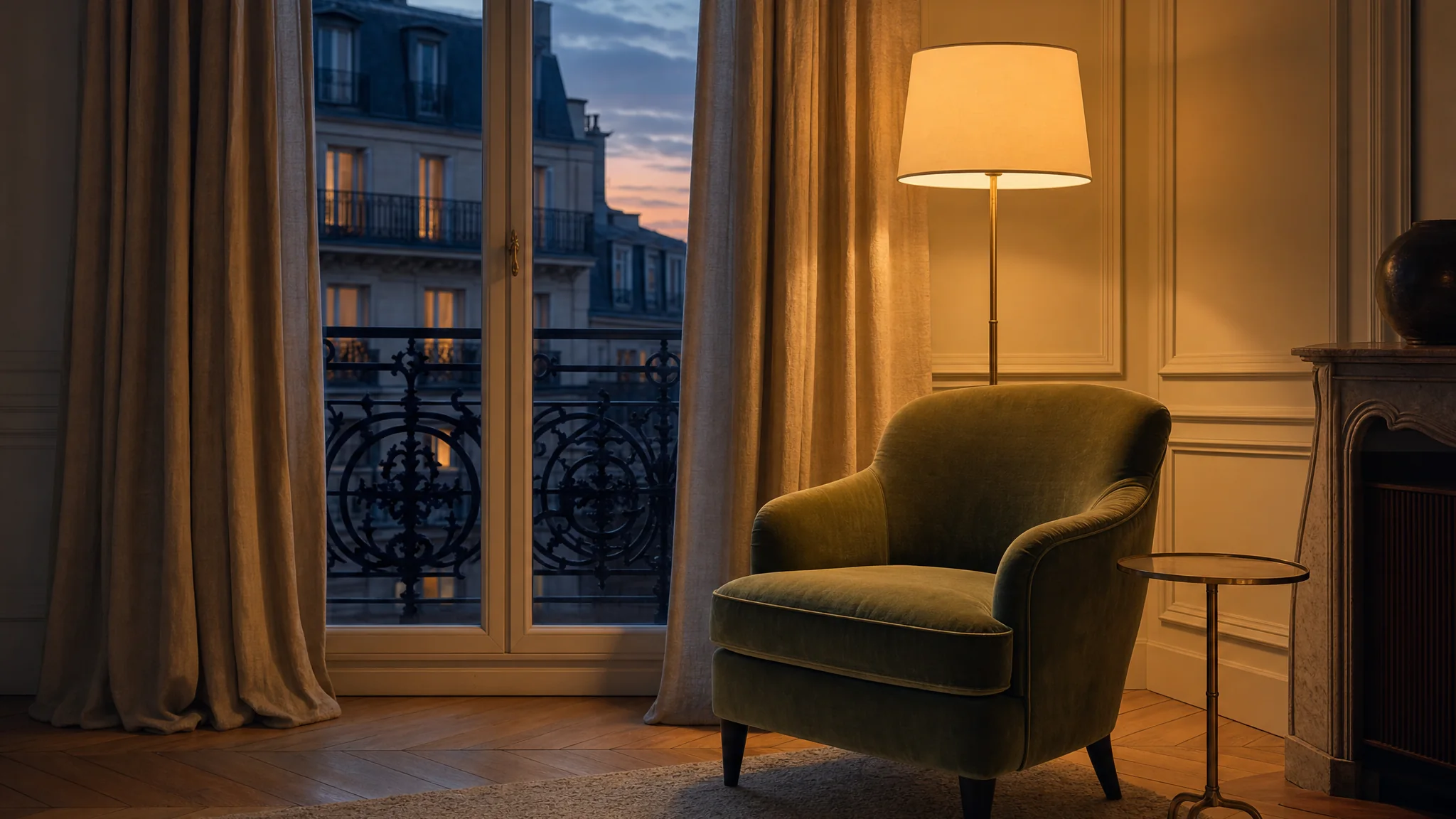 Salon au crépuscule, lampe de laiton allumée et fauteuil vert sauge