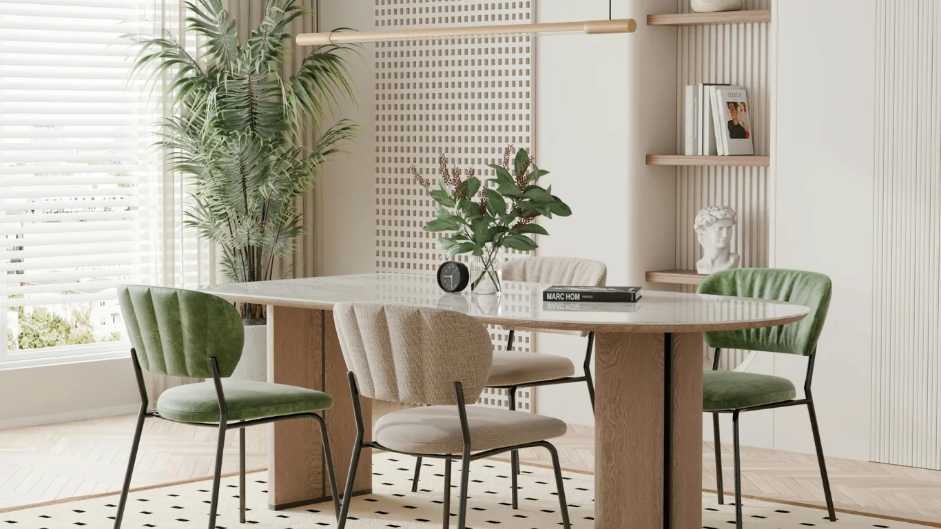 Salle à manger lumineuse, table en bois et marbre, chaises vert sauge et lin, plantes et étagères murales