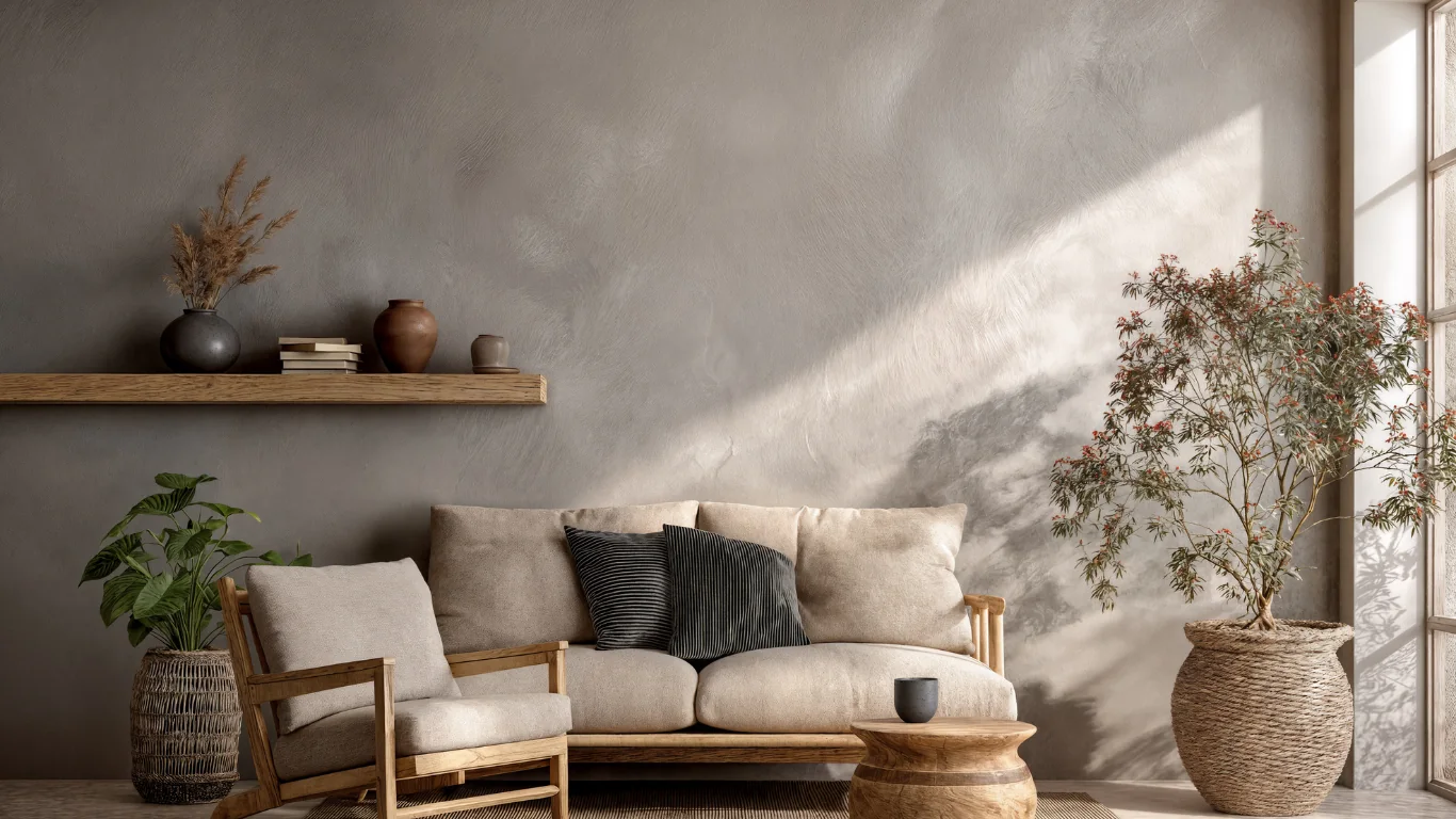 Salon baigné de lumière naturelle, canapé en lin, fauteuil en bois clair et étagère en chêne
